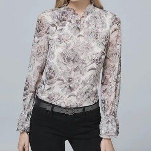 WHBM Black and White Floral Long Sleeve Winter Floral Blouse Ruffle